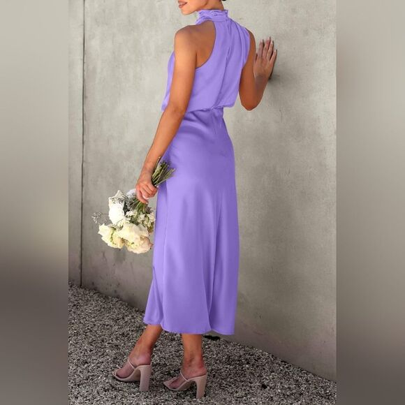 PRETTYGARDEN Purple Satin Asymmetric Mockneck Midi Dress - Picture 8 of 11